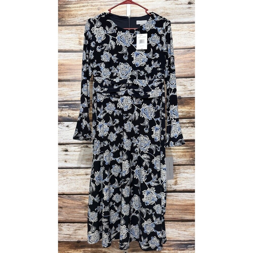 Marc New York Women’s Blue Floral Dress Ruched Bell Sleeve 6P New